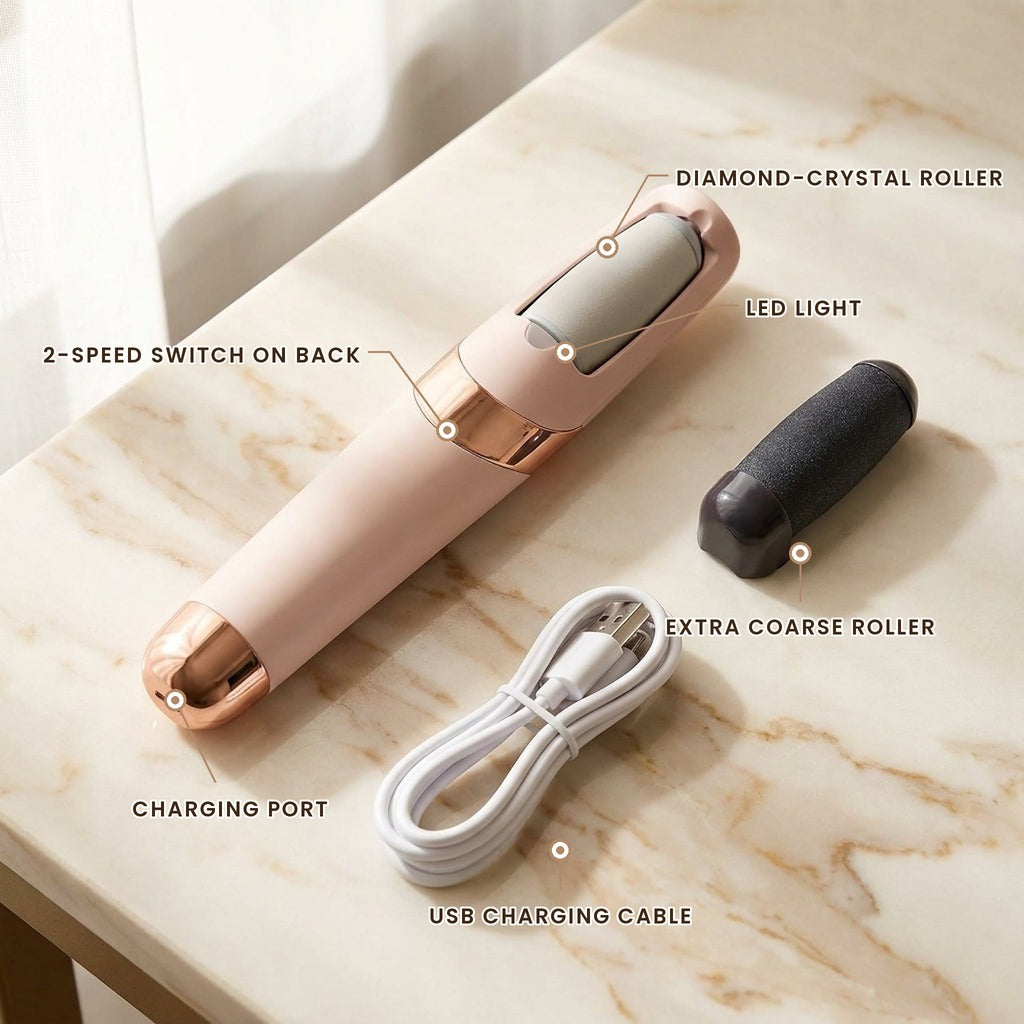 Toltrix Smooth anatomy: diamond-crystal roller, LED light, 2-speed switch, charging port, extra coarse roller, USB cable